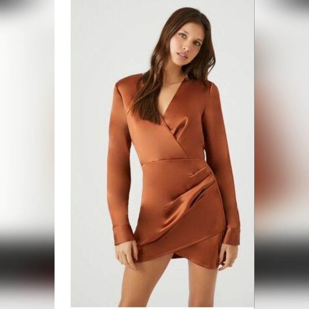 Forever 21 Satin Copper Long Sleeve Dress   Size Small
